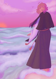 Painting of Yumeno Gentaro standing at the shore of a beach barefoot, he&#39;s looking back to the camera with a smile.